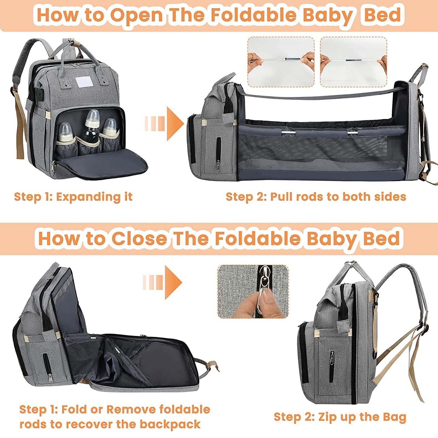 3‑in‑1 Mummy Bag with Foldable Baby Bed