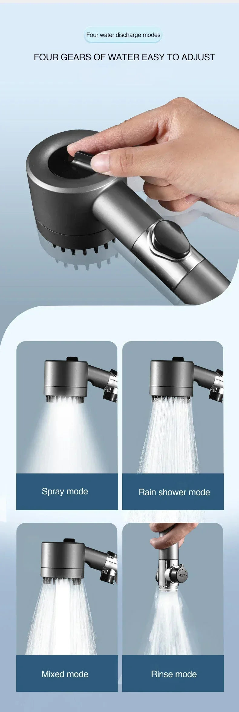 High‑Pressurised Filter Shower Head – 3‑Mode Adjustable Spray with Massage Brush